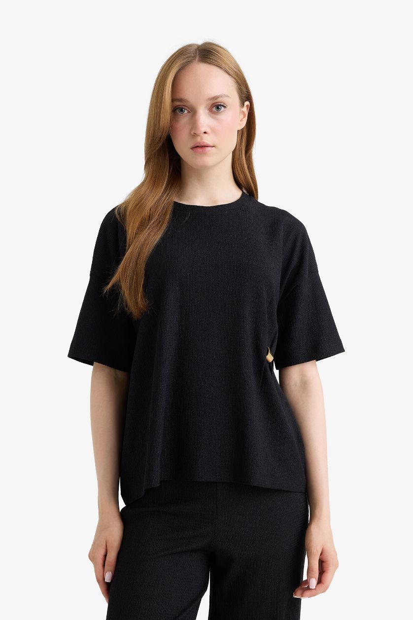 WOMAN Black Regular Fit Crew Neck Crepe T-Shirt