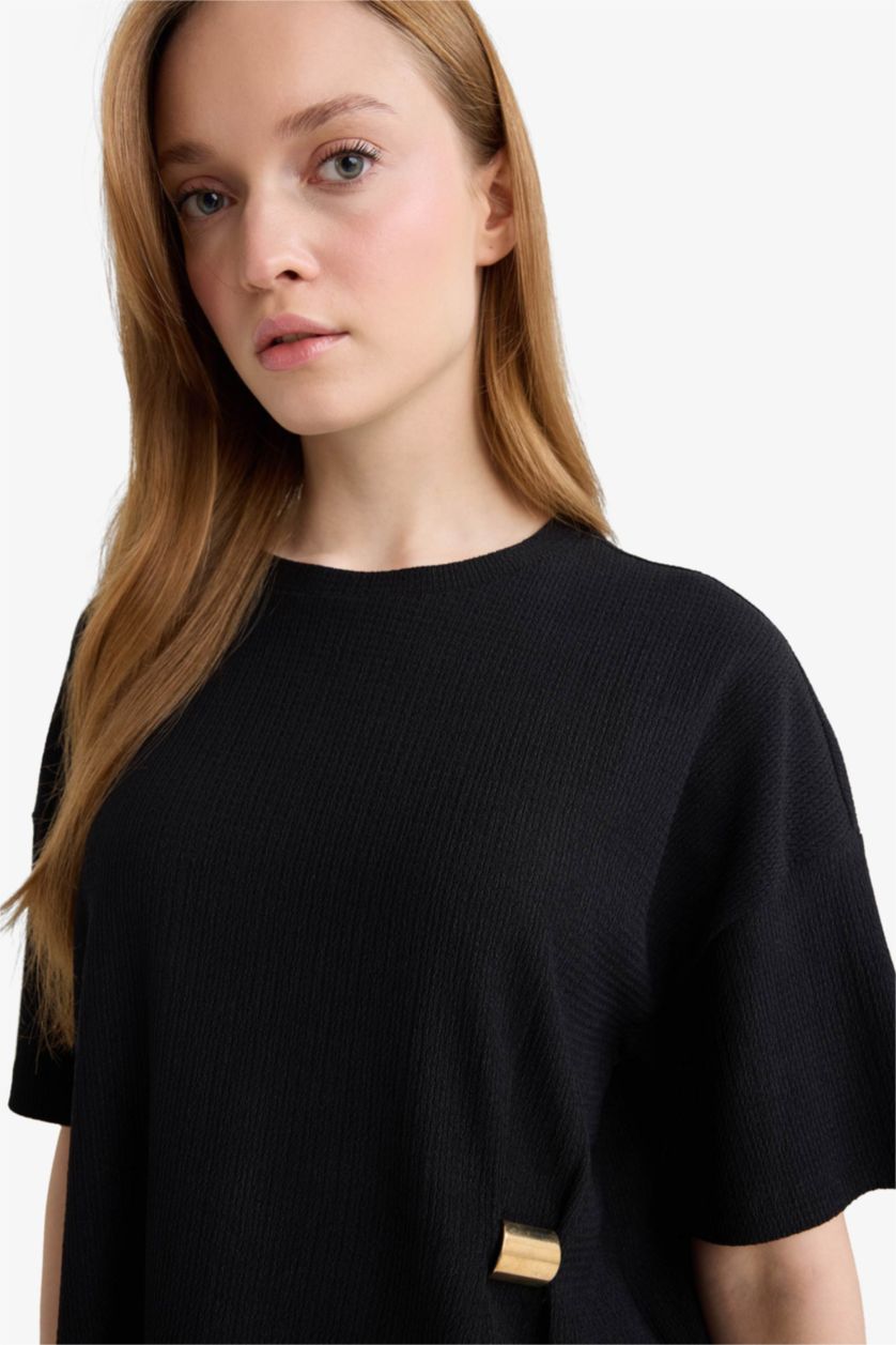 WOMAN Black Regular Fit Crew Neck Crepe T-Shirt