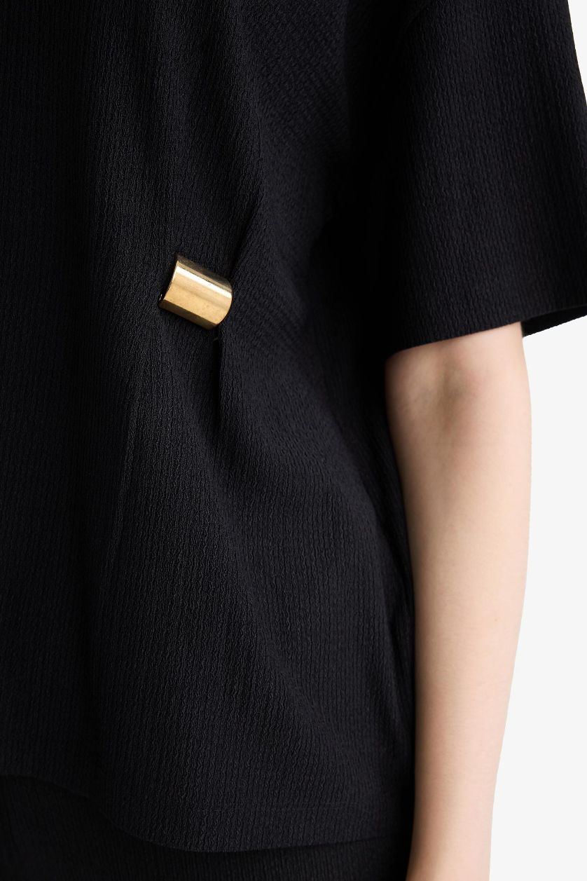 WOMAN Black Regular Fit Crew Neck Crepe T-Shirt