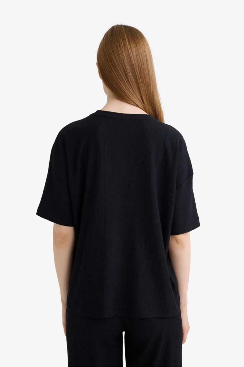 WOMAN Black Regular Fit Crew Neck Crepe T-Shirt