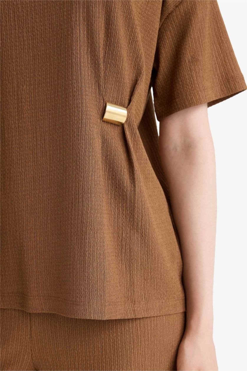 نساء لون الأقرفة تيشيرت نص ردن منسوج قصة عادية وياخة مستديرة