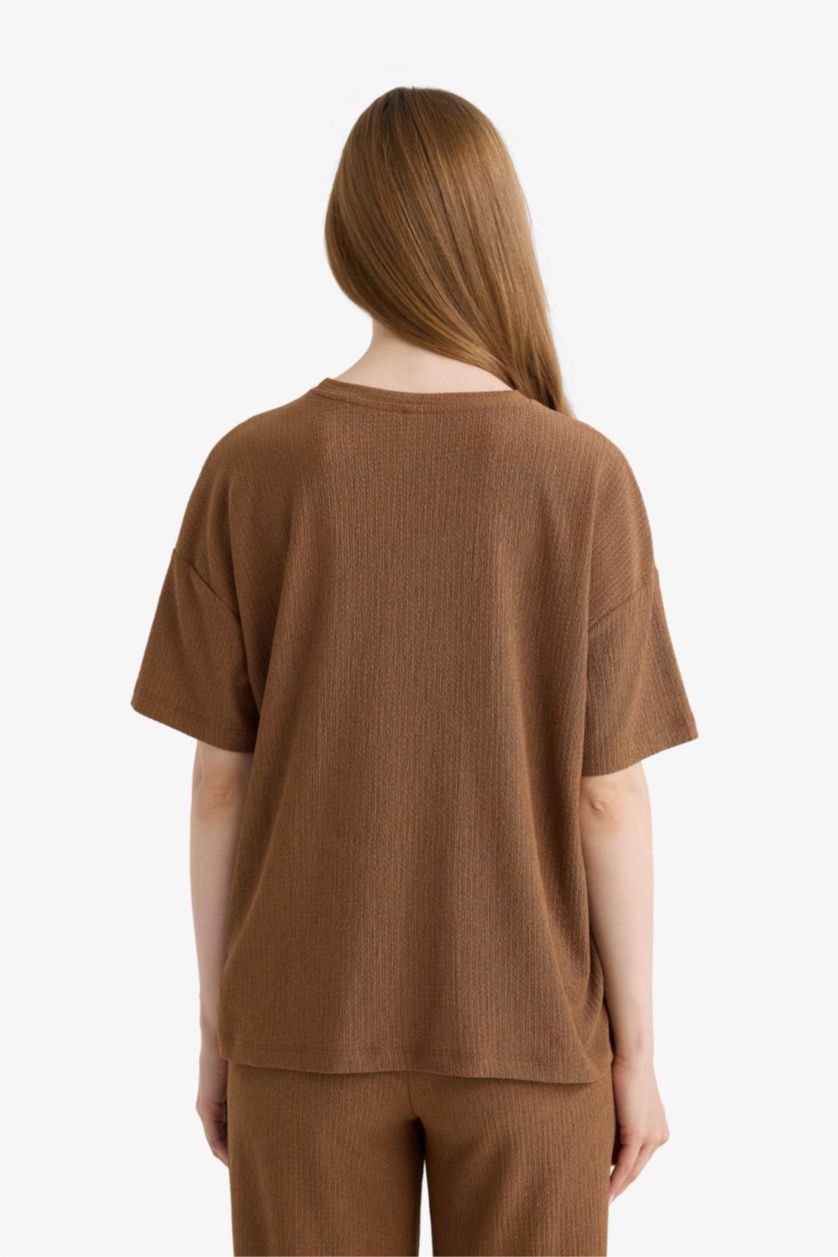 نساء لون الأقرفة تيشيرت نص ردن منسوج قصة عادية وياخة مستديرة