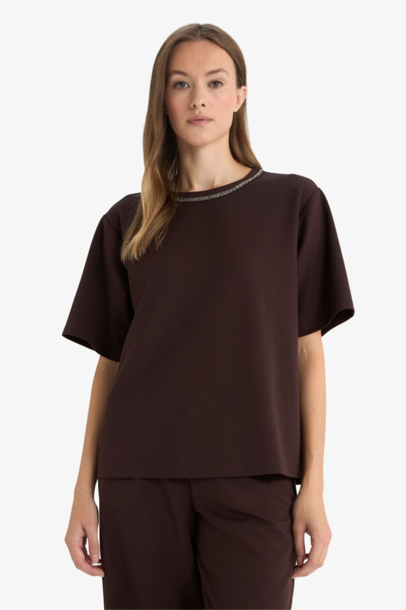 WOMAN Brown Regular Fit Crew Neck Embroidered Crepe T-Shirt