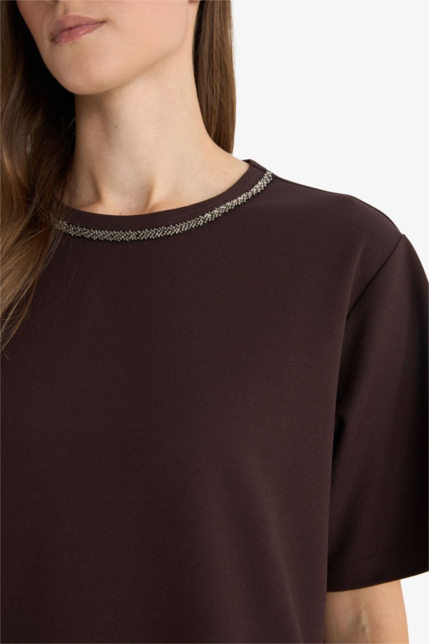 WOMAN Brown Regular Fit Crew Neck Embroidered Crepe T-Shirt