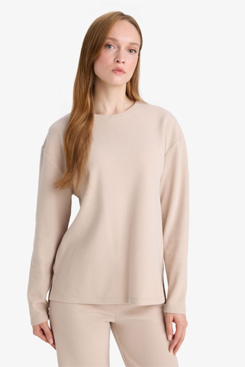 Женщины Бежевый Регулярный крой с круглым вырезом длинный рукав из селаниковой ткани футболка