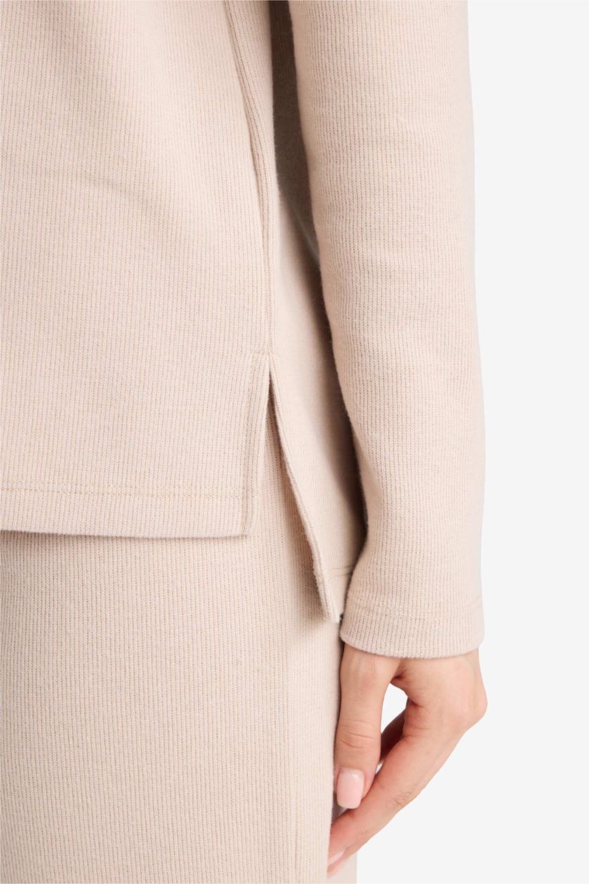 Женщины Бежевый Регулярный крой с круглым вырезом длинный рукав из селаниковой ткани футболка