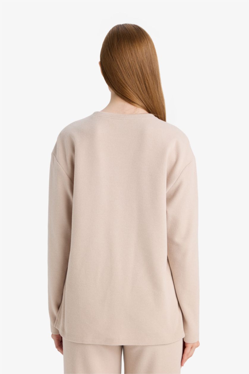 Женщины Бежевый Регулярный крой с круглым вырезом длинный рукав из селаниковой ткани футболка