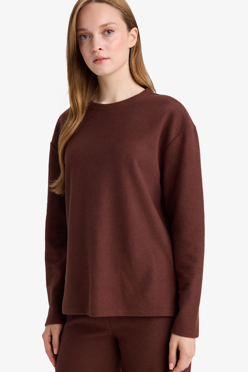 Әйелдерге Қоңыр Регулярный крой с круглым вырезом длинный рукав из селаниковой ткани футболка