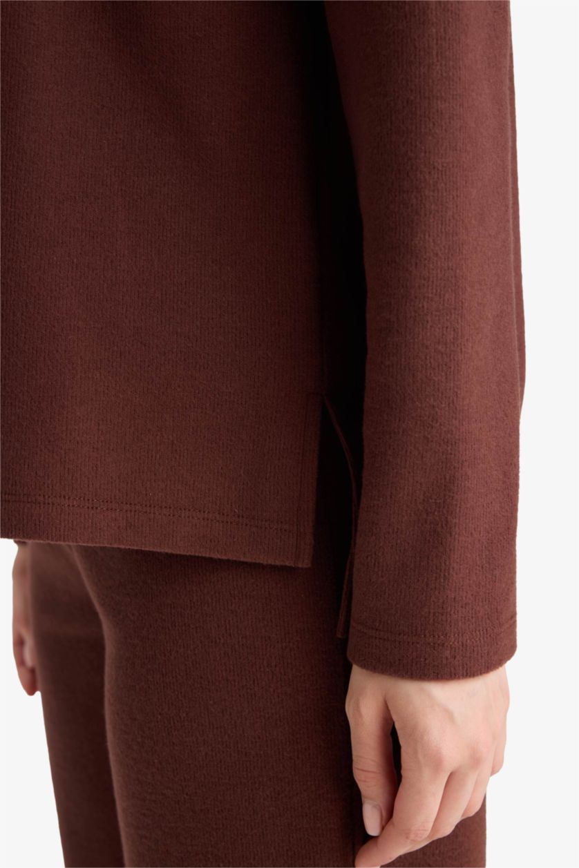 Әйелдерге Қоңыр Регулярный крой с круглым вырезом длинный рукав из селаниковой ткани футболка