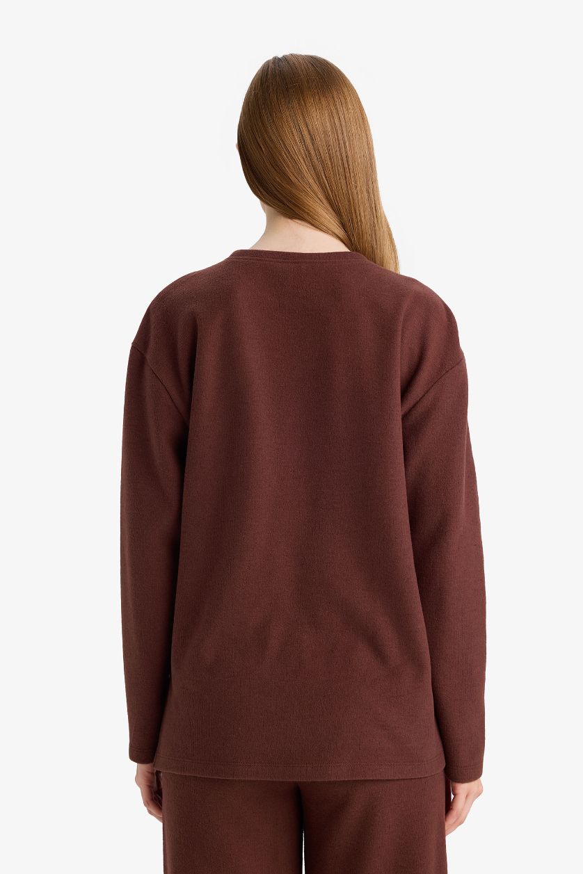 Әйелдерге Қоңыр Регулярный крой с круглым вырезом длинный рукав из селаниковой ткани футболка