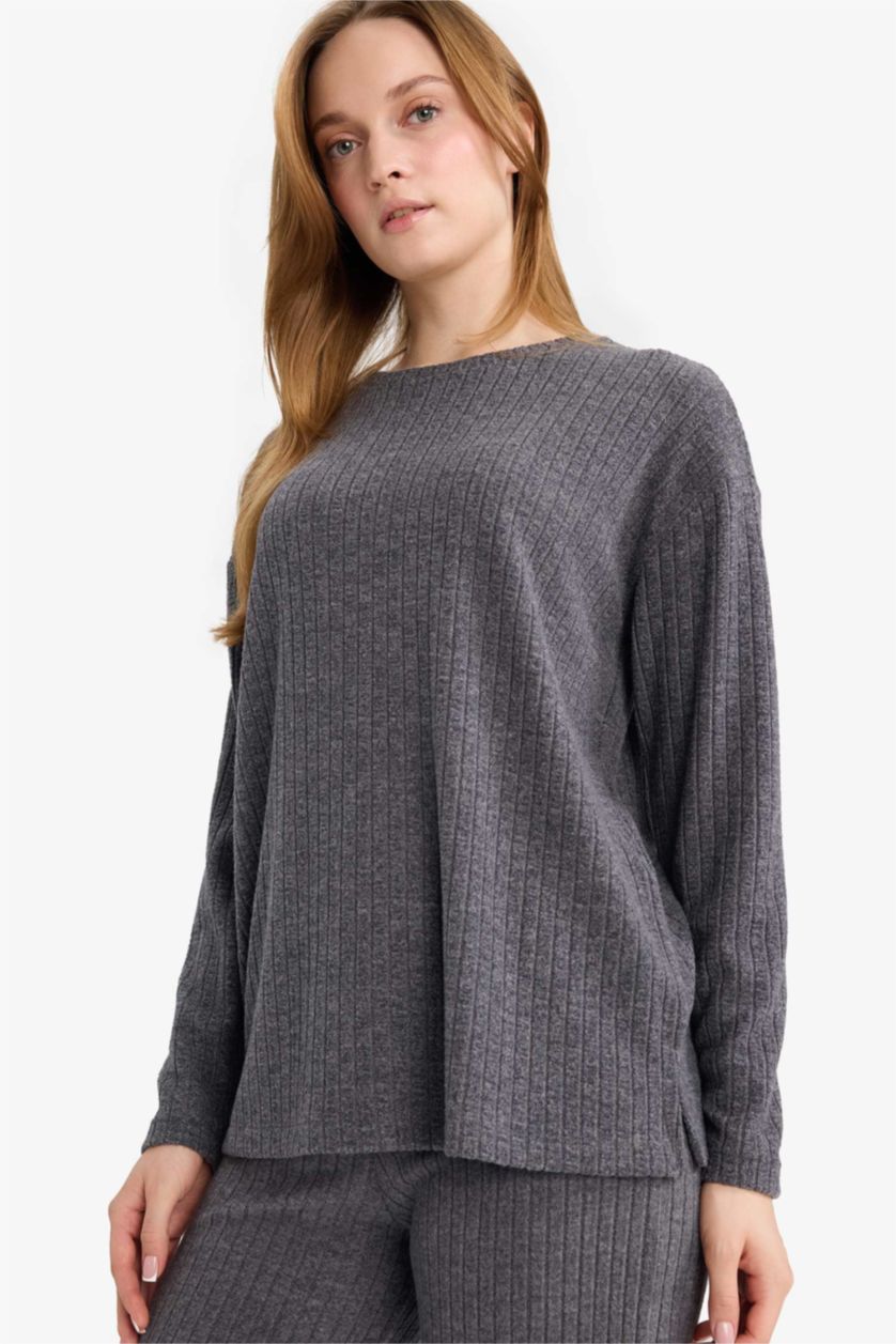 Woman Anthracite Melange Regular Fit Crew Neck Long Sleeve T-Shirt