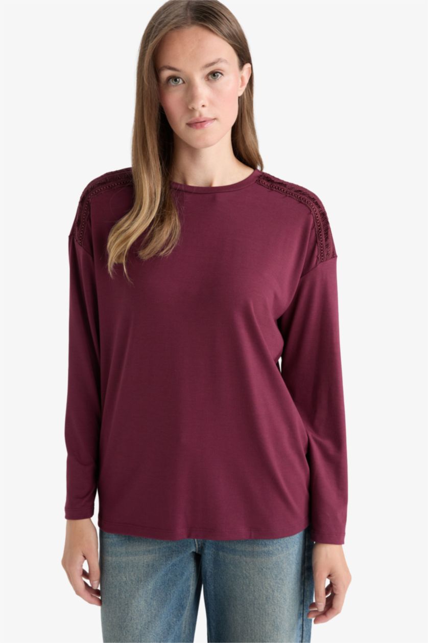 نساء خمري تيشيرت ردن طويل قطن قصة عادية