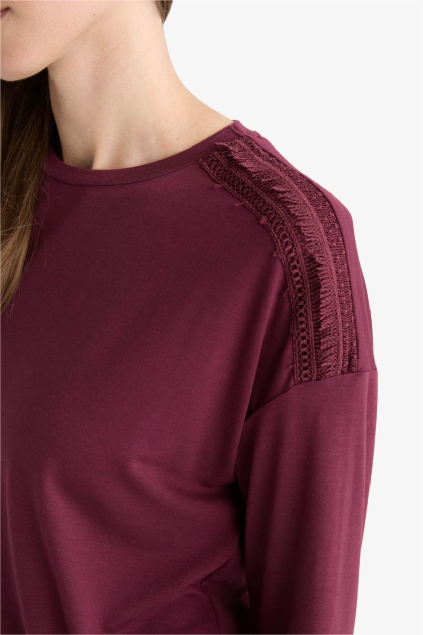 نساء خمري تيشيرت ردن طويل قطن قصة عادية