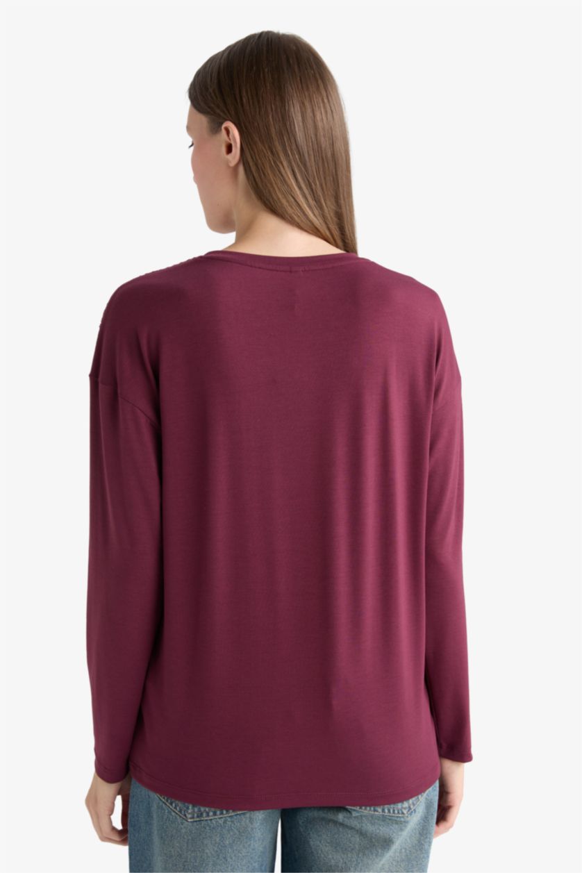 نساء خمري تيشيرت ردن طويل قطن قصة عادية