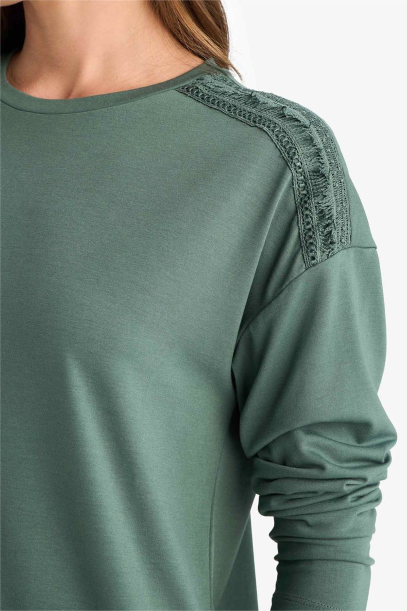 Kadın Haki Regular Fit Bisiklet Yaka Basic Düz Uzun Kollu Tişört