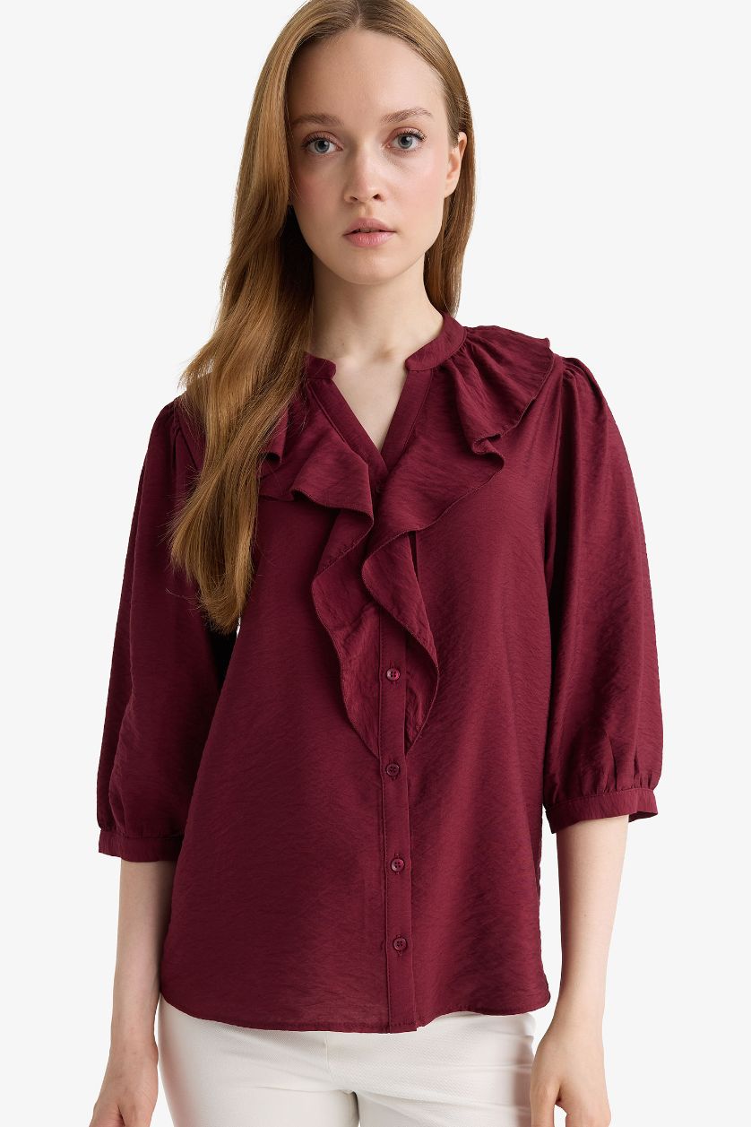 Kadın Bordo Regular Fit Bisiklet Yaka Volanlı Uzun Kollu Gömlek