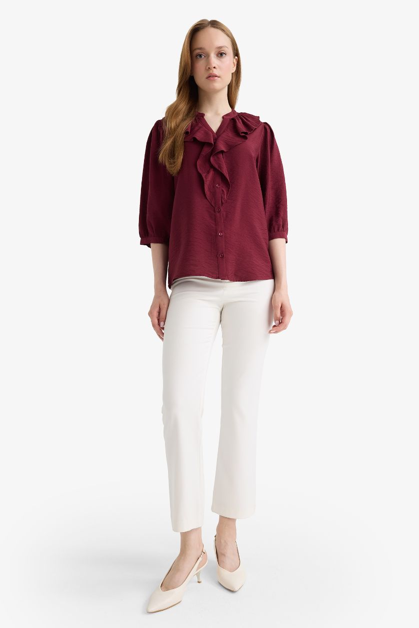 Kadın Bordo Regular Fit Bisiklet Yaka Volanlı Uzun Kollu Gömlek
