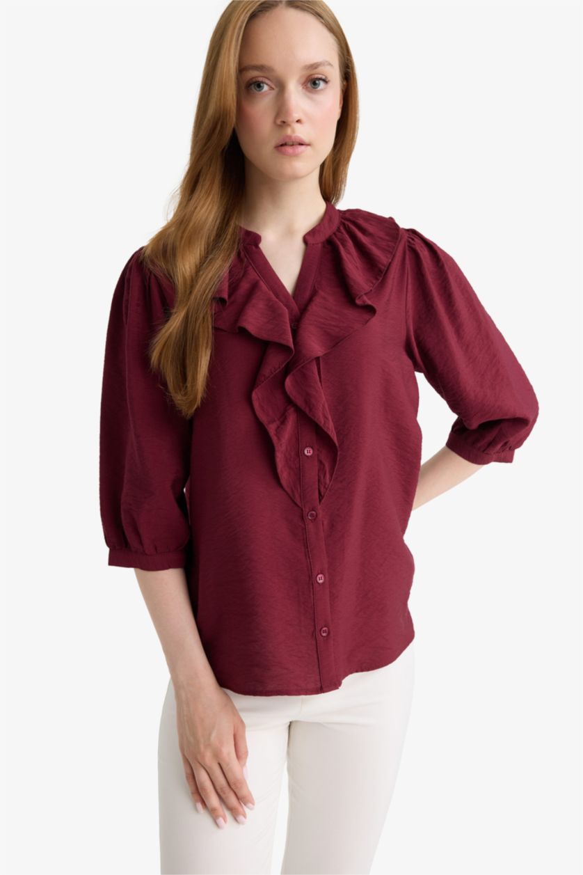 Kadın Bordo Regular Fit Bisiklet Yaka Volanlı Uzun Kollu Gömlek