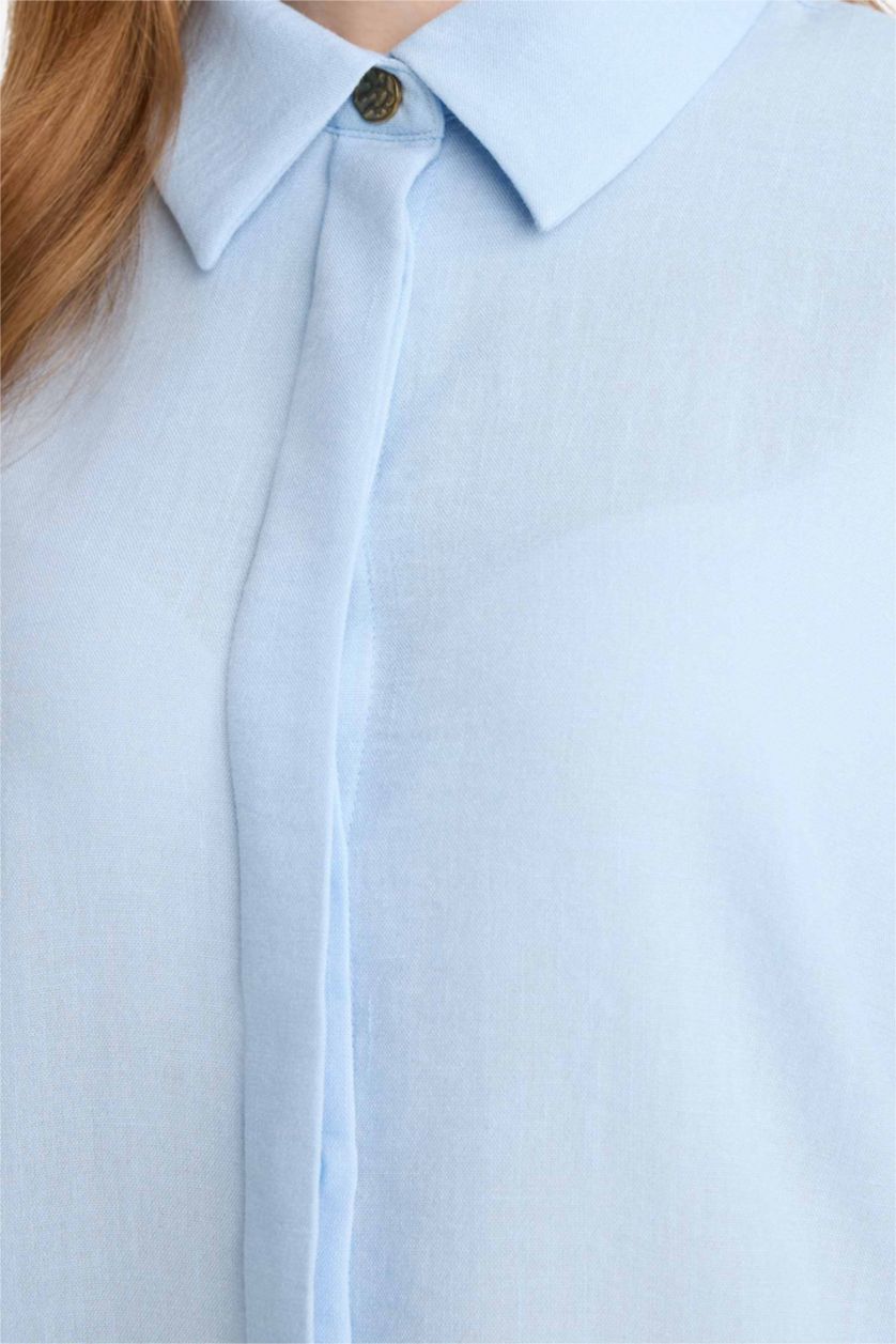 WOMAN Light Blue Regular Fit Shirt Collar aerobics Long Sleeve Shirt