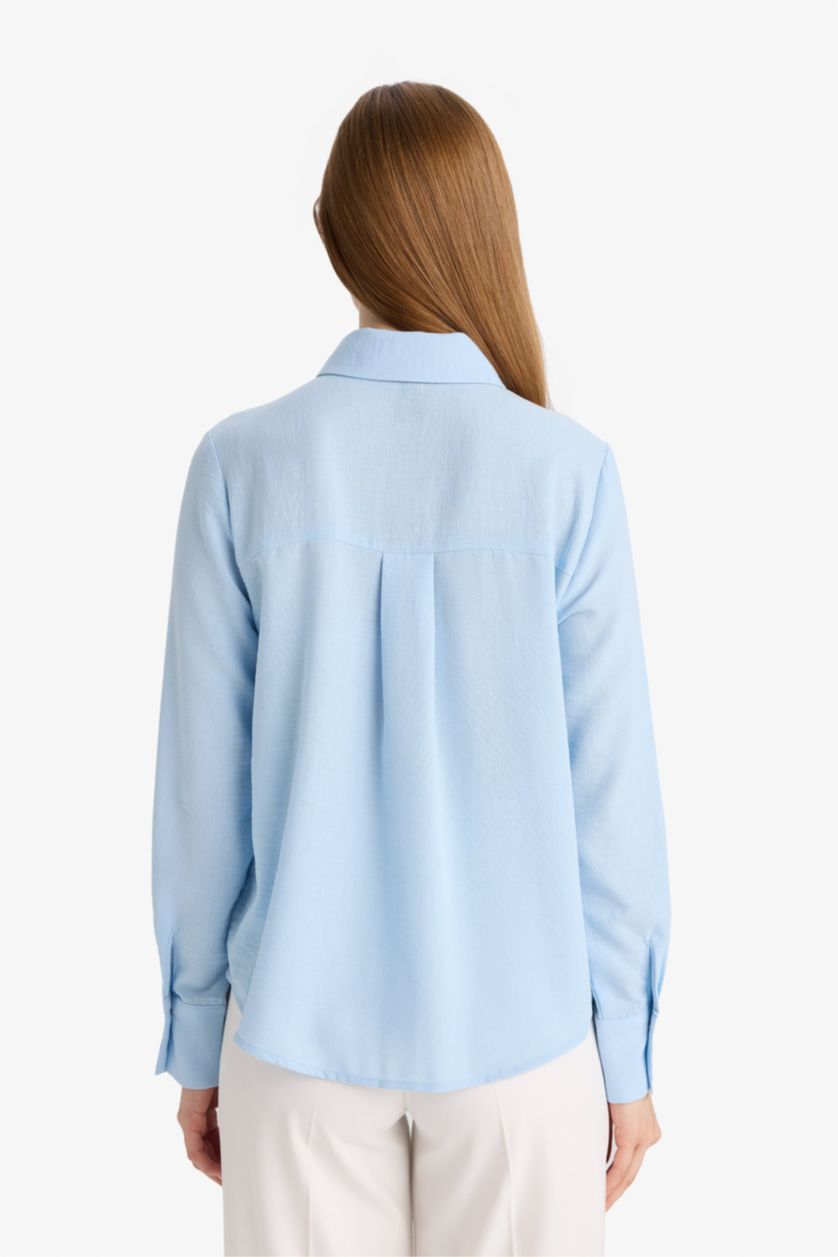 WOMAN Light Blue Regular Fit Shirt Collar aerobics Long Sleeve Shirt