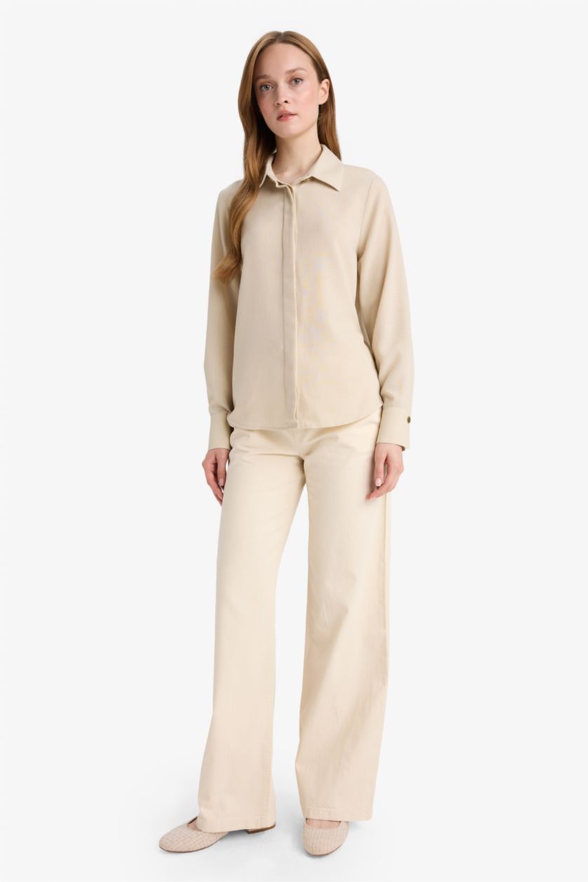 WOMAN Ecru Regular Fit Shirt Collar aerobics Long Sleeve Shirt