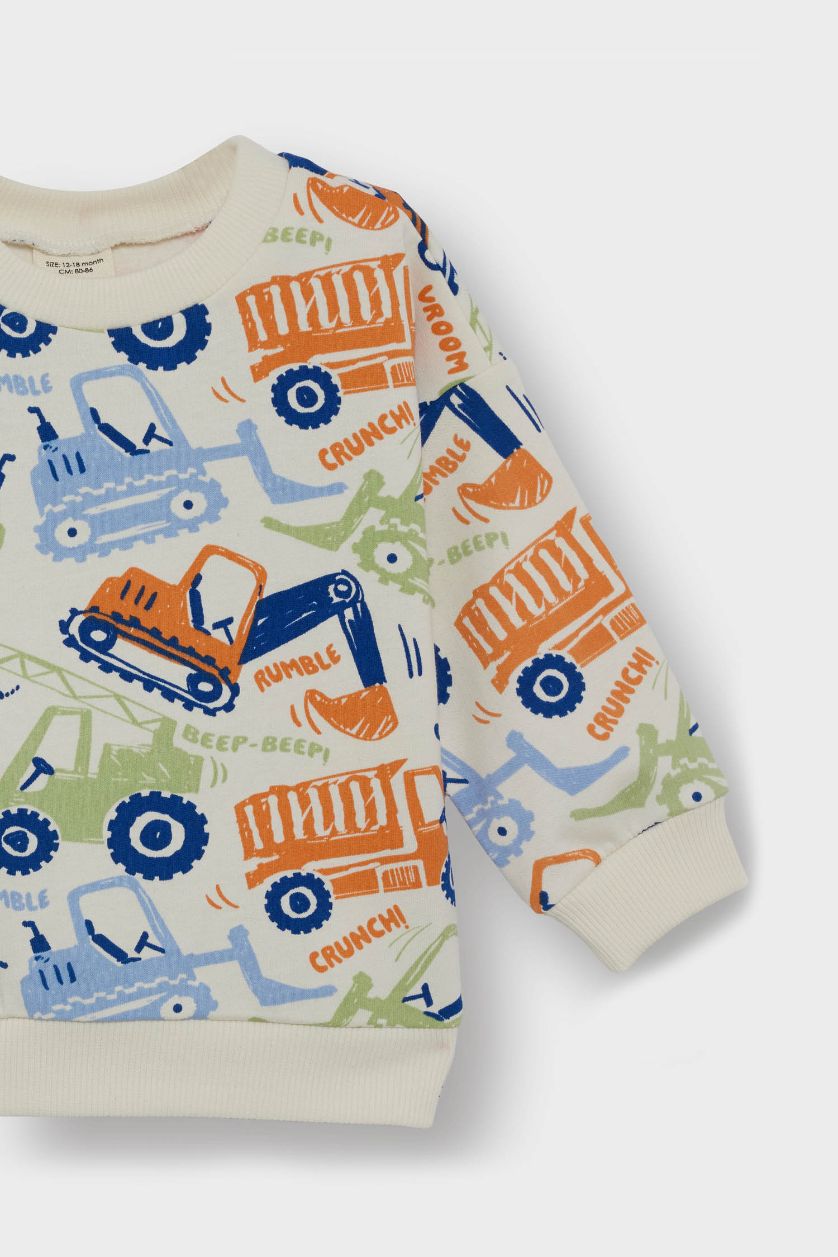 Erkek Bebek Ekru Bisiklet Yaka Araç Baskılı İçi Yumuşak Tüylü Sweatshirt Erkek Bebek