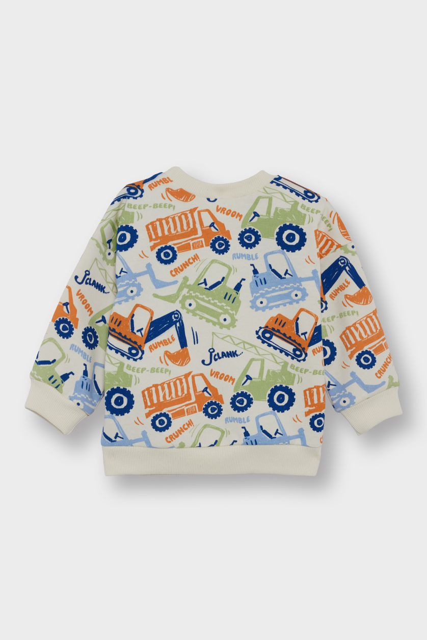 Erkek Bebek Ekru Bisiklet Yaka Araç Baskılı İçi Yumuşak Tüylü Sweatshirt Erkek Bebek