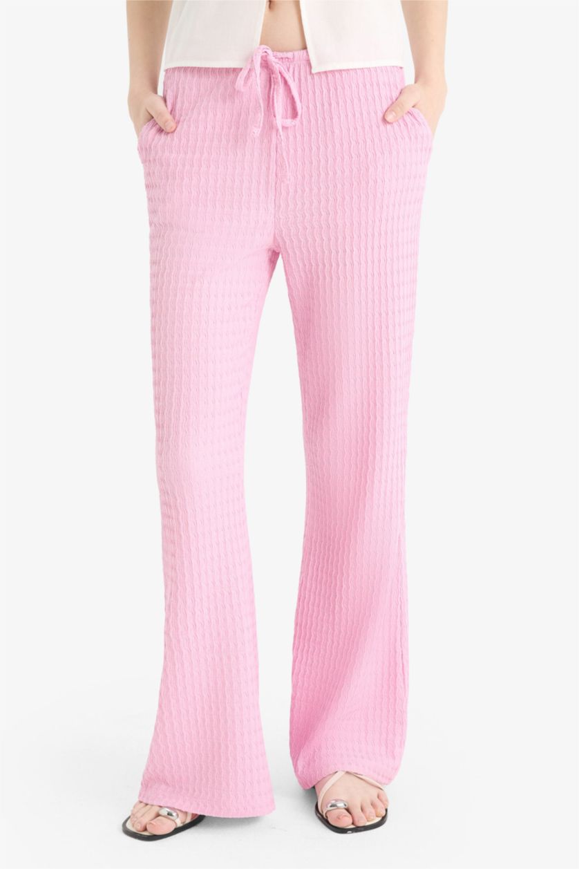 Kadın Pembe Flare Fit Beli Lastikli Bürümcük Pantolon