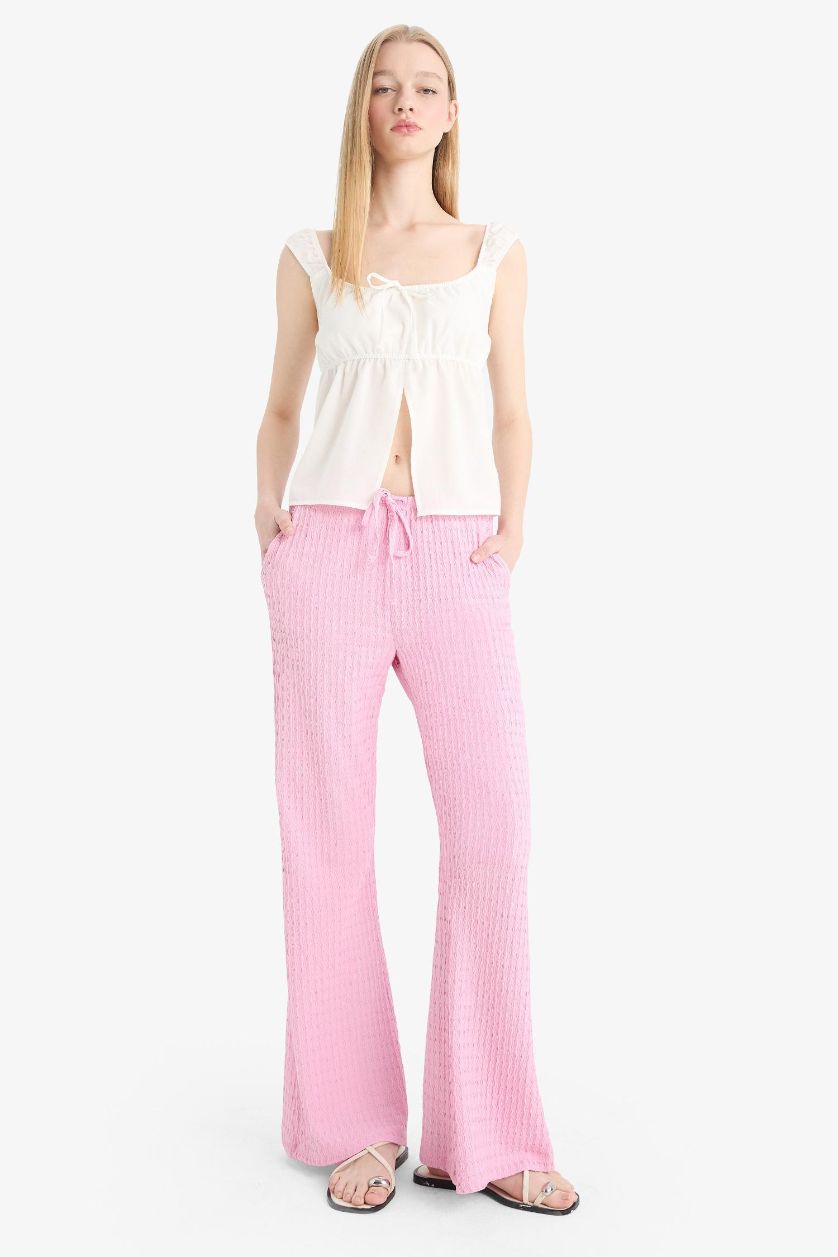 Kadın Pembe Flare Fit Beli Lastikli Bürümcük Pantolon