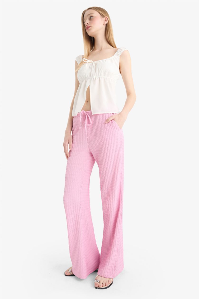 Kadın Pembe Flare Fit Beli Lastikli Bürümcük Pantolon