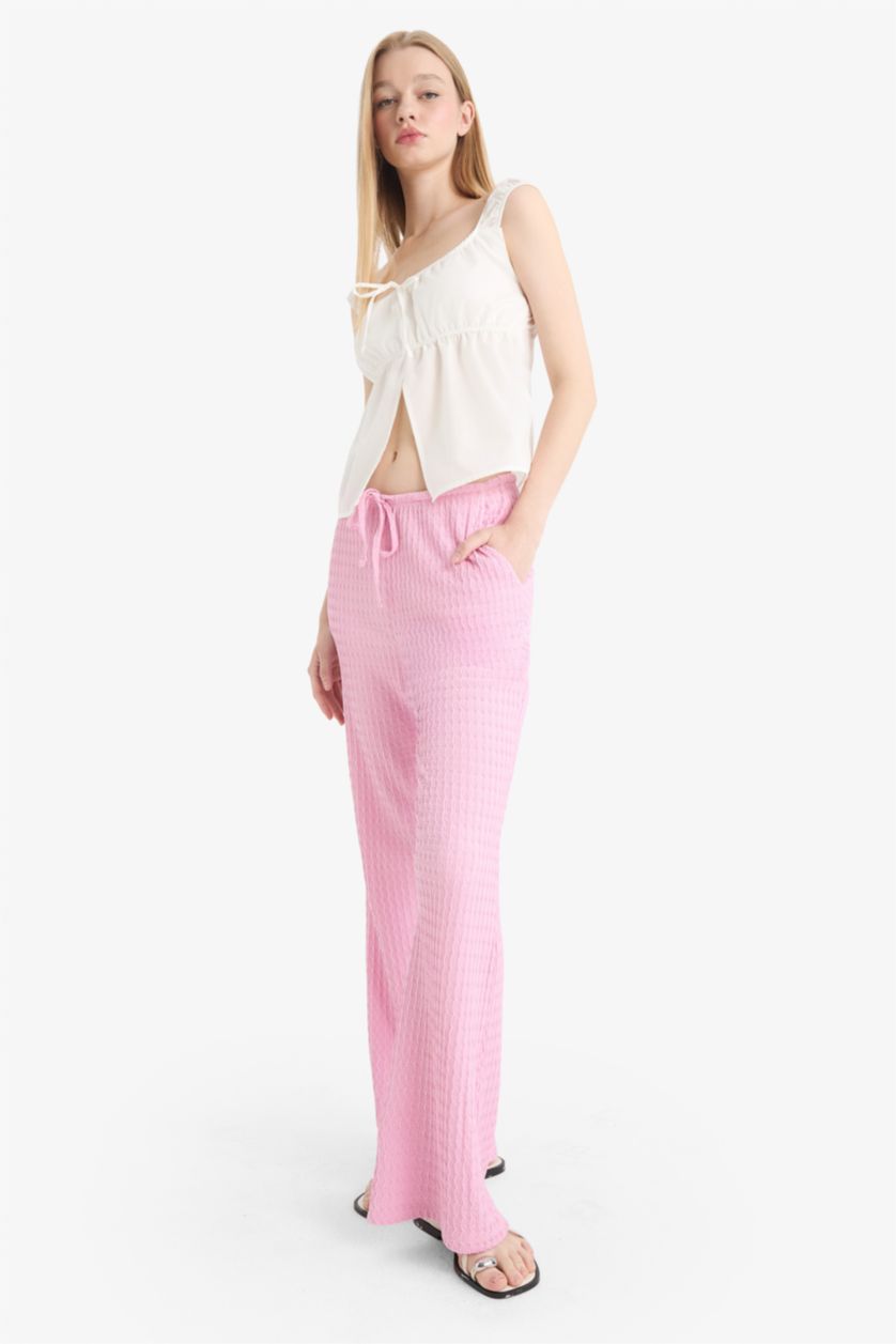 Kadın Pembe Flare Fit Beli Lastikli Bürümcük Pantolon
