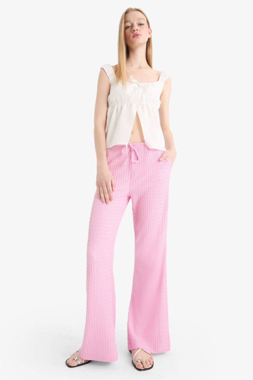 Kadın Pembe Flare Fit Beli Lastikli Bürümcük Pantolon