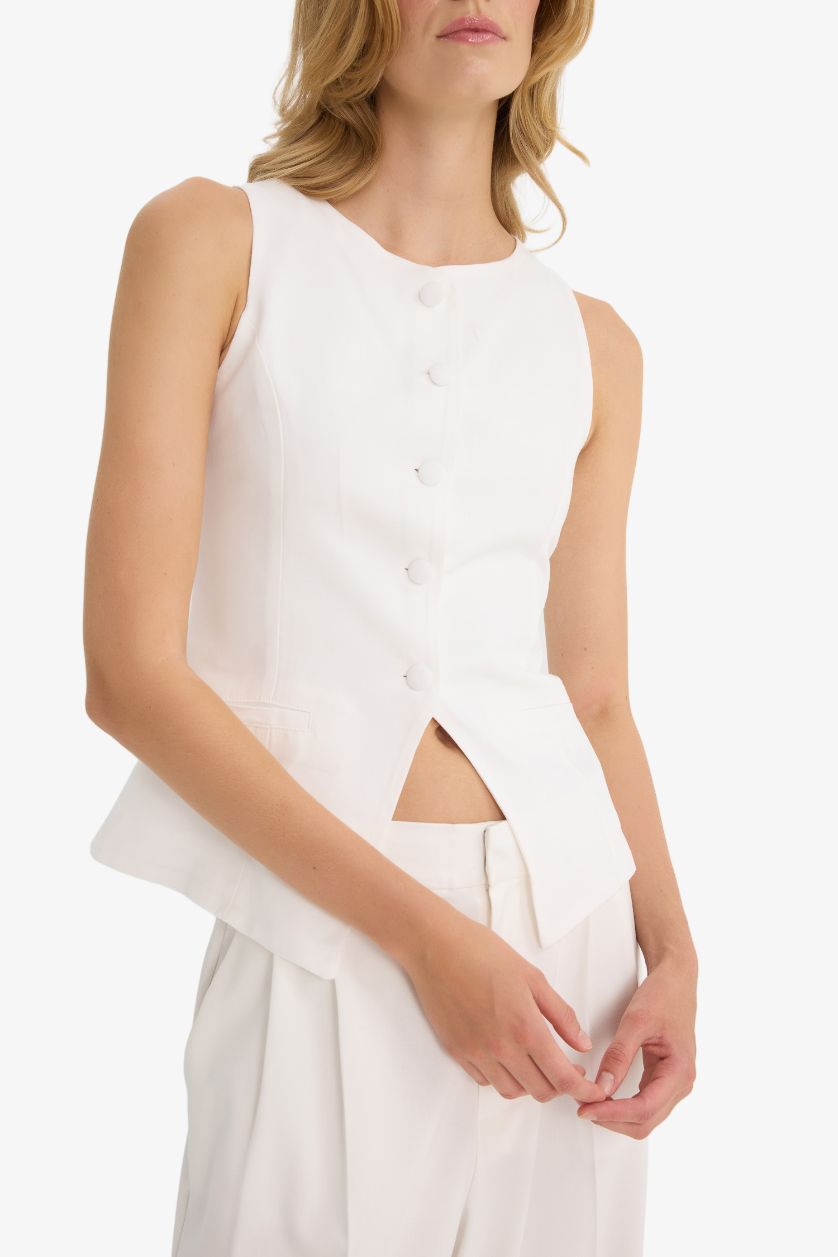 Kadın Kırık Beyaz Slım Fıt Bisiklet Yaka Yelek