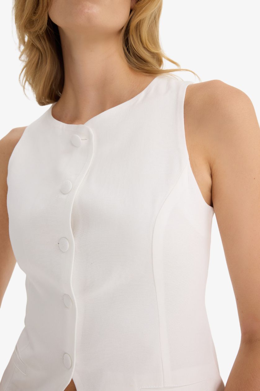 Kadın Kırık Beyaz Slım Fıt Bisiklet Yaka Yelek