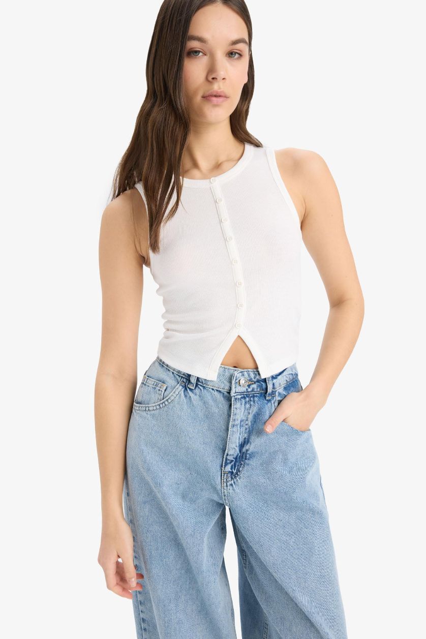 Kadın Kırık Beyaz Fitted Bisiklet Yaka Basic Düz Fitilli Kaşkorse Atlet