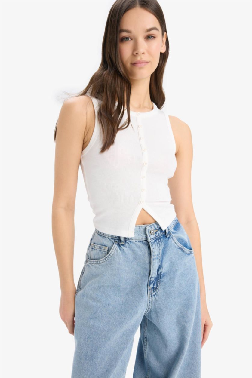 Kadın Kırık Beyaz Fitted Bisiklet Yaka Basic Düz Fitilli Kaşkorse Atlet