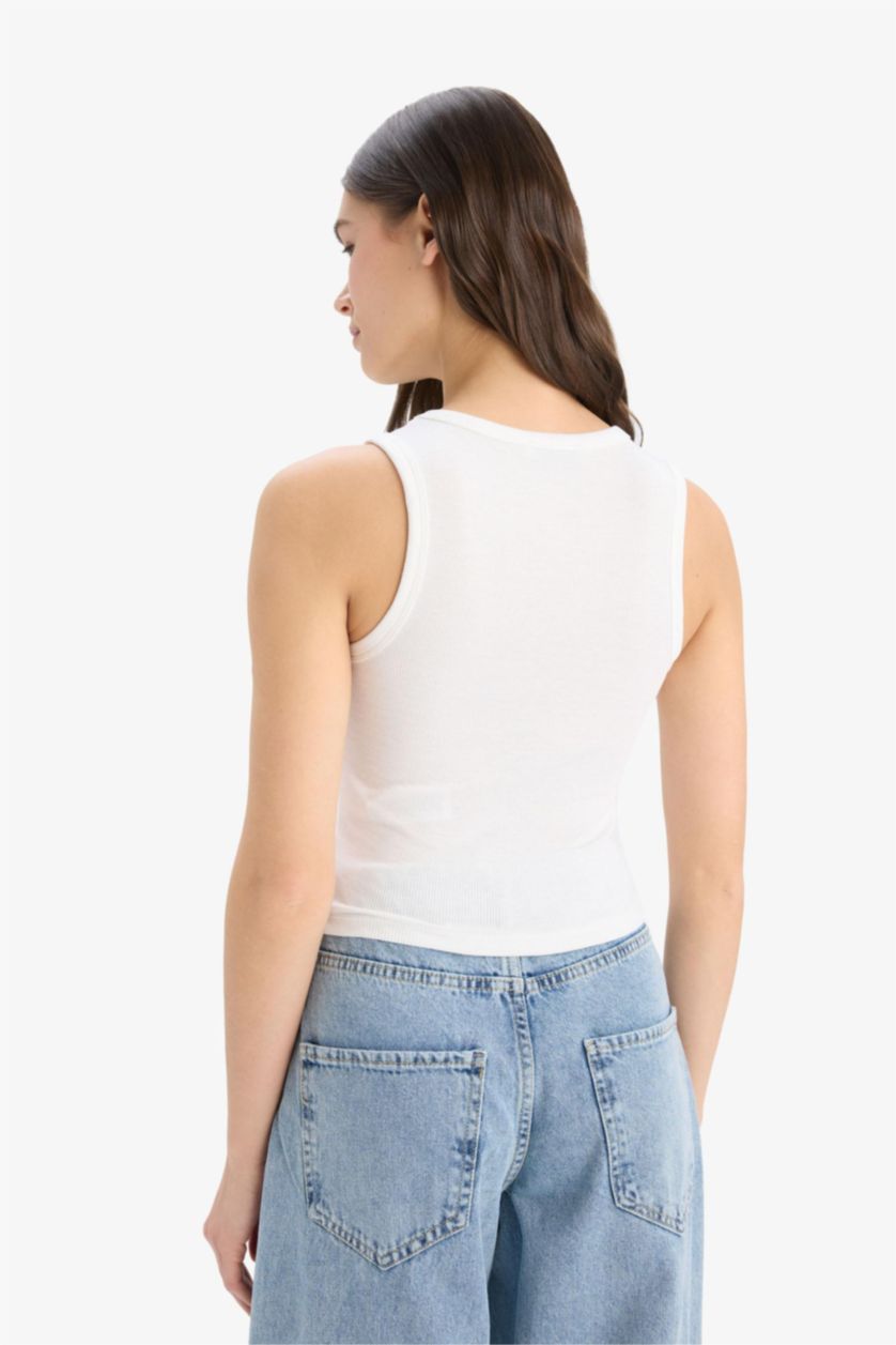 Kadın Kırık Beyaz Fitted Bisiklet Yaka Basic Düz Fitilli Kaşkorse Atlet