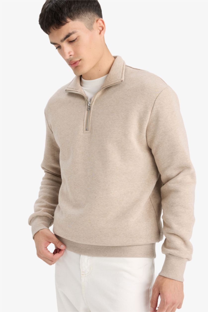 MAN Light Beige Melange Regular Fit Half Zippered Sweatshirt