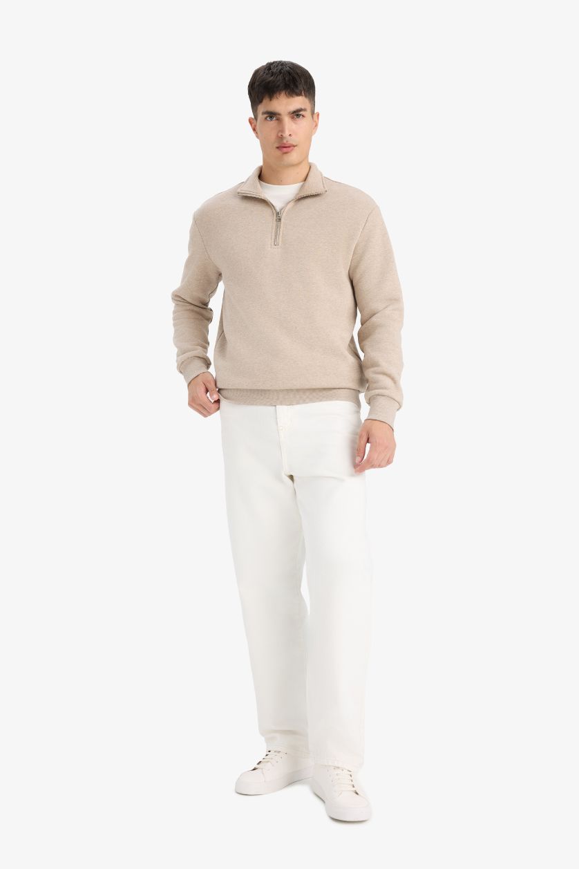 MAN Light Beige Melange Regular Fit Half Zippered Sweatshirt