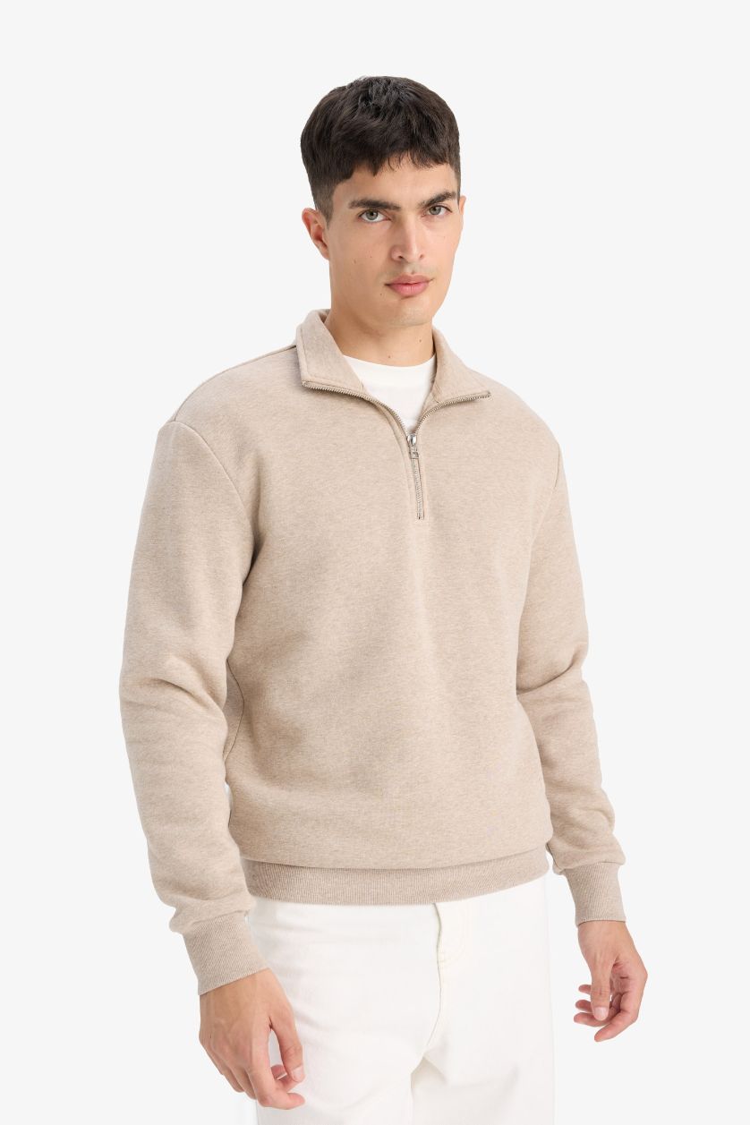 MAN Light Beige Melange Regular Fit Half Zippered Sweatshirt