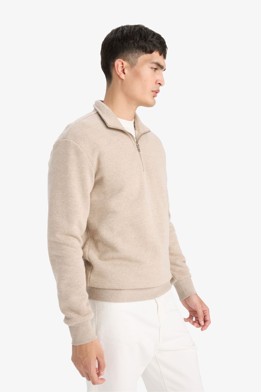 MAN Light Beige Melange Regular Fit Half Zippered Sweatshirt