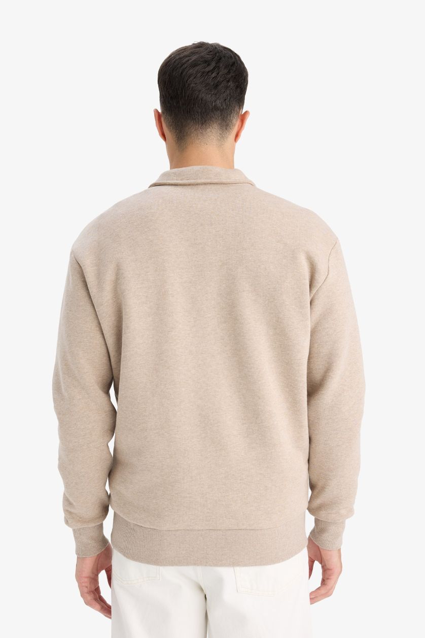 MAN Light Beige Melange Regular Fit Half Zippered Sweatshirt