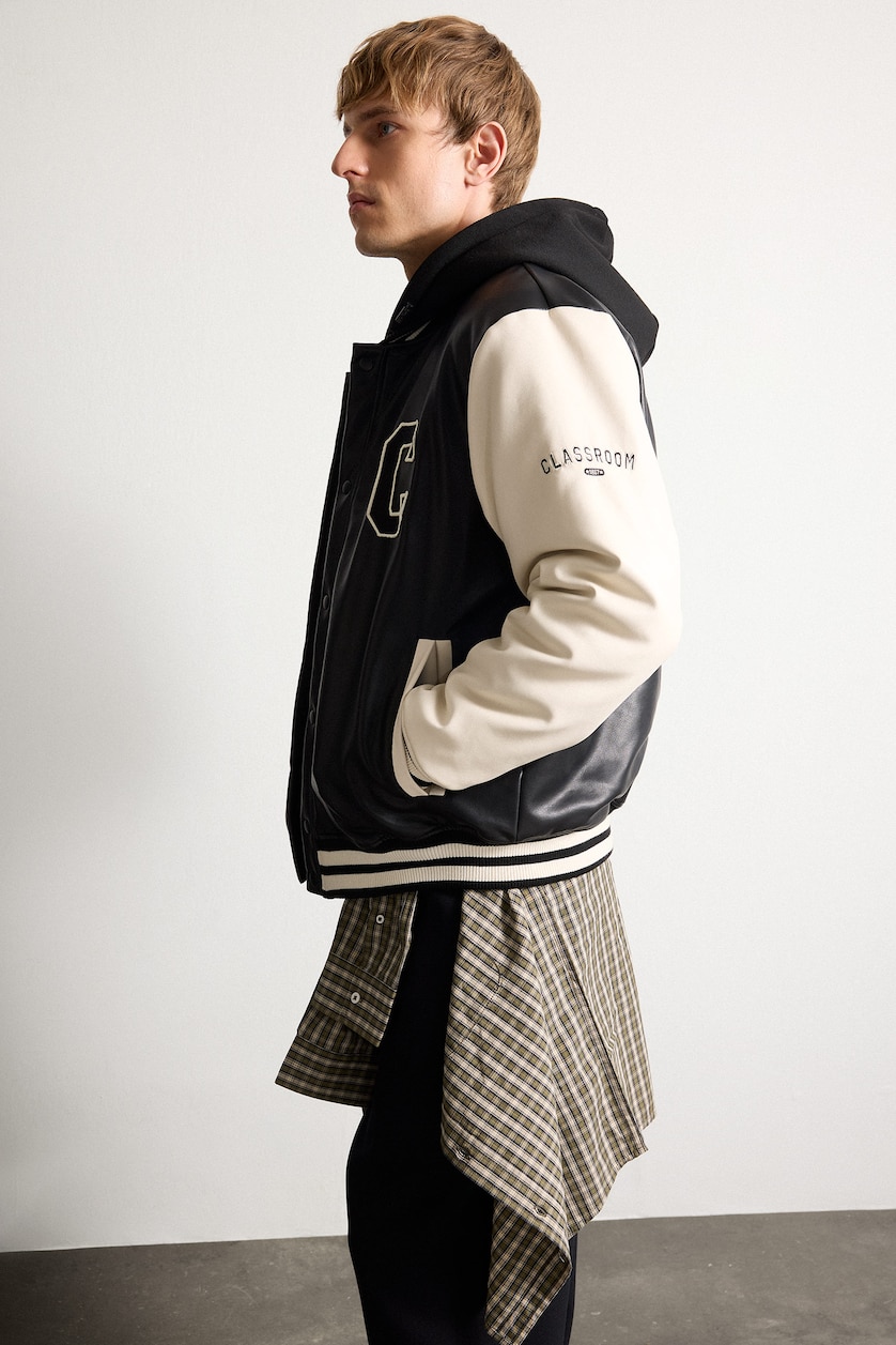 Man Black Snap Faux Leather Jacket