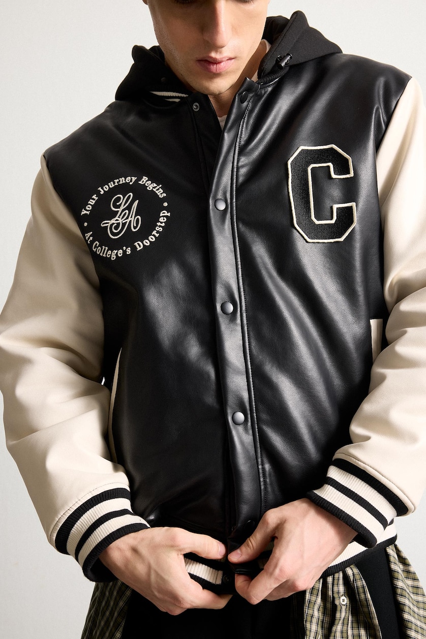 Man Black Snap Faux Leather Jacket