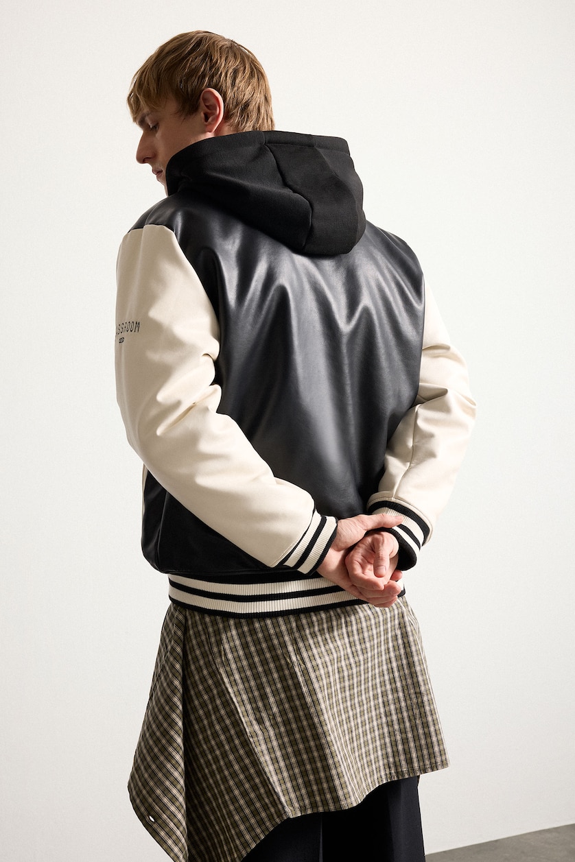 Man Black Snap Faux Leather Jacket
