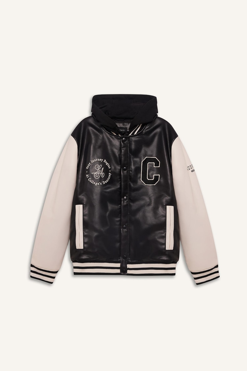 Man Black Snap Faux Leather Jacket
