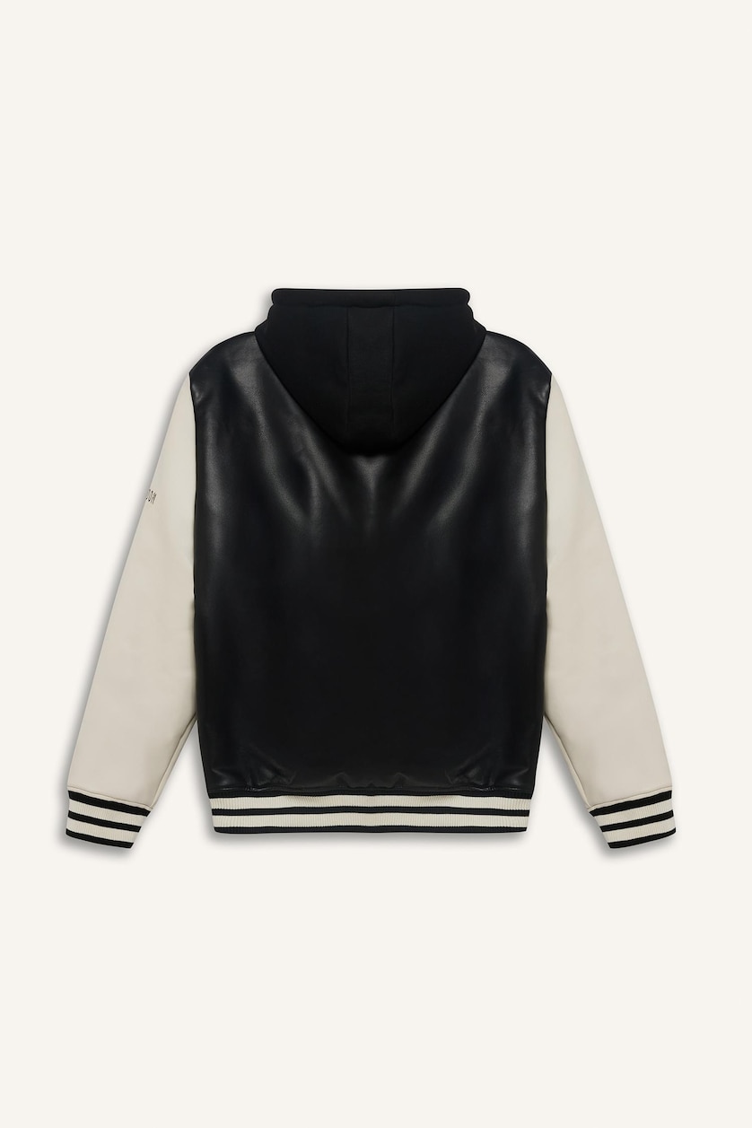 Man Black Snap Faux Leather Jacket