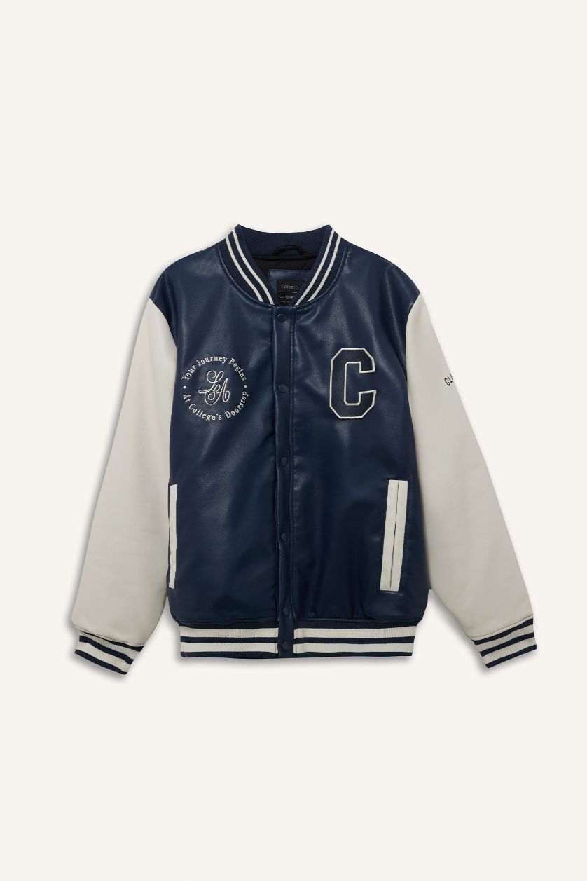 Erkek Lacivert Su İtici Regular Fit Kolej Yaka Kapüşonlu İç Cepli Nakışlı Cepli Suni Deri Bomber Ceket Mont