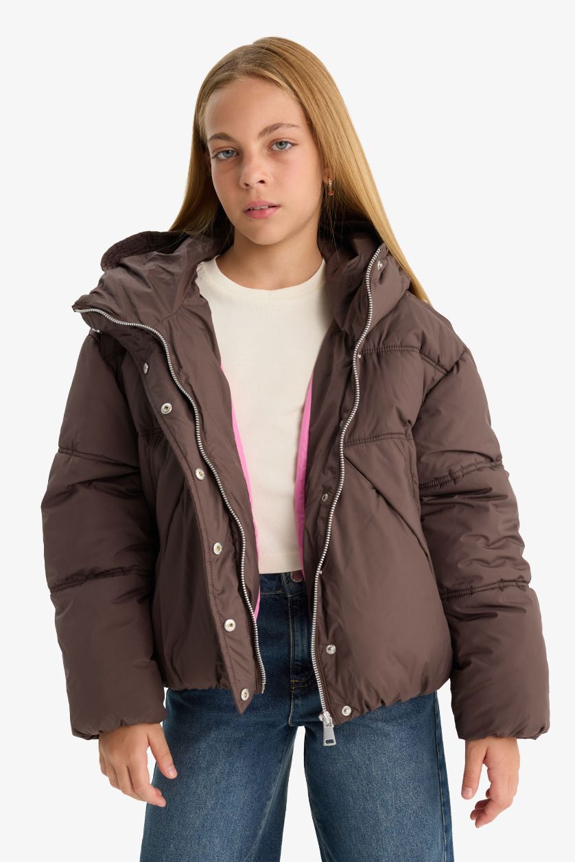 Kız Çocuk - Genç Kız Kahve Su Geçirmez Kapüşonlu Fermuarlı Mont Kız Çocuk