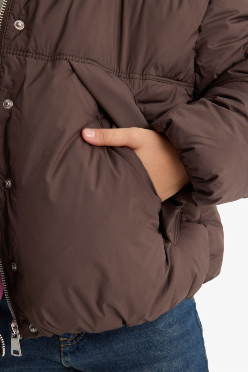 Kız Çocuk - Genç Kız Kahve Su Geçirmez Kapüşonlu Fermuarlı Mont Kız Çocuk